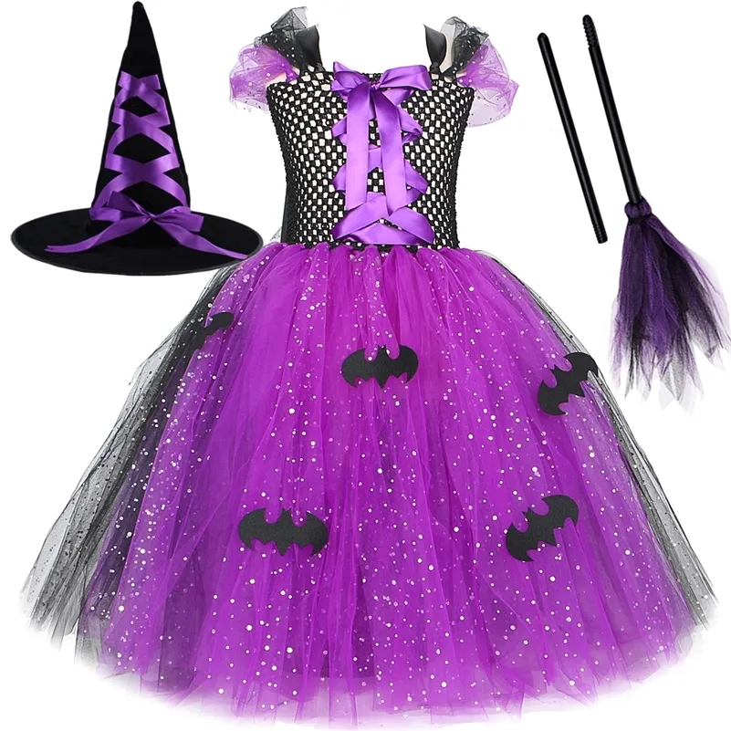 Speciale gelegenheden Sparkly Witch Halloween -kostuums voor meisjes Purple Black Bat Long Tutu Dress Kids Carnival Cosplay Outfit met bezemhoed 220909