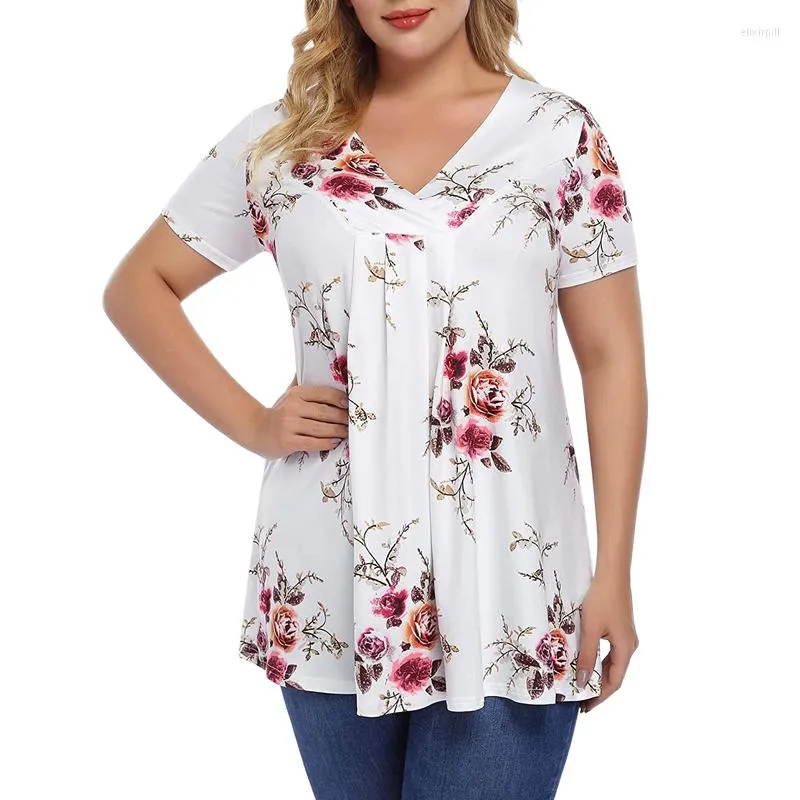 Skjorta plus size mode veckad blommig tunika tshirt casual sommar damer v-ringning toppar kvinnor kort ￤rm ruched pullover