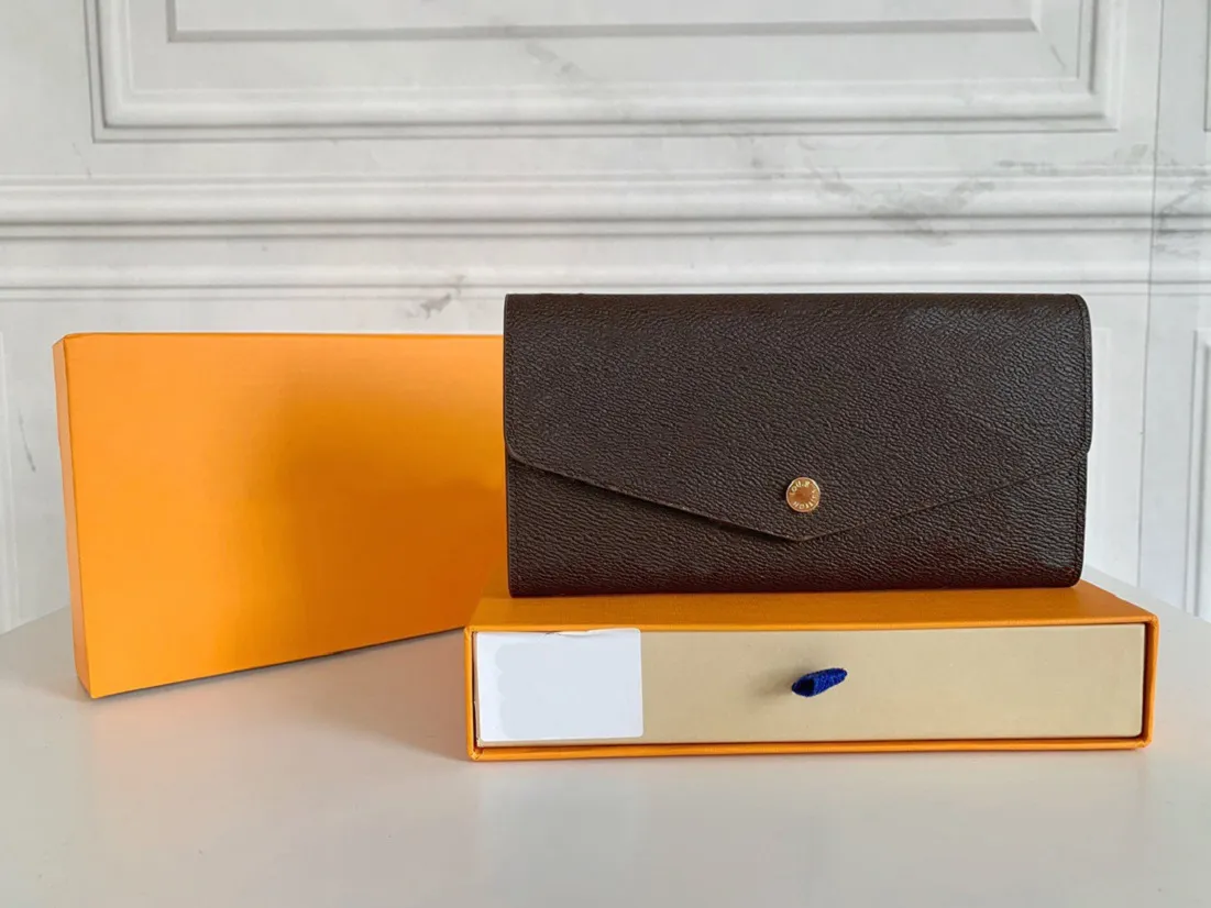 2023 Luxurys 디자이너 지갑 지갑 지갑 Viuton 여성 패션 지갑 모노그라스 사라 플립 긴 봉투 지퍼 코인 지갑이있는 박스 먼지 가방