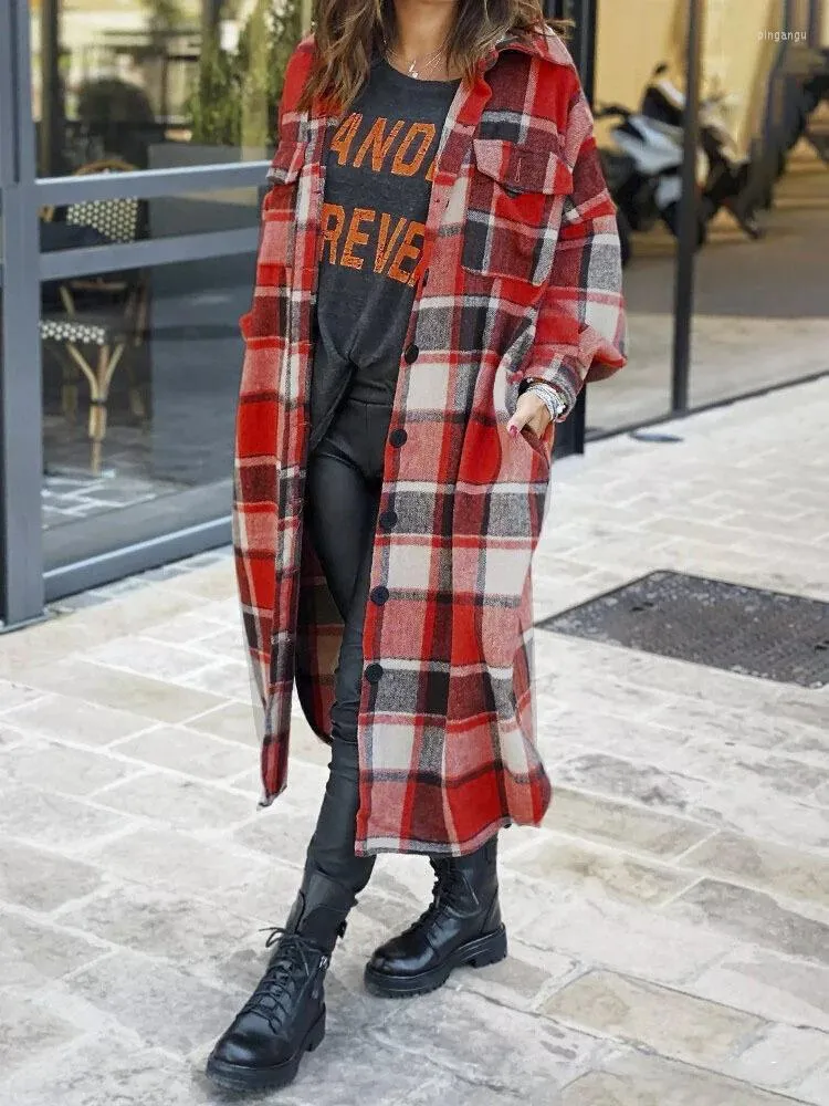 Frauen Wolle frauen Blends Mode Lange Plaid Mantel Herbst Hemd Streetwear Frauen Kleidung Lose Weibliche Casual Jacke