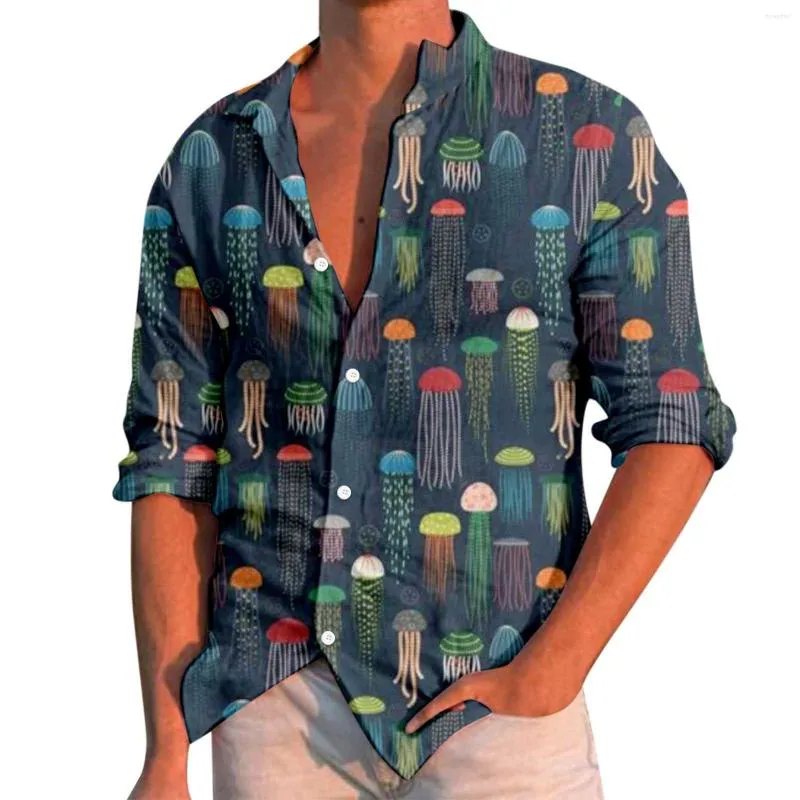 Männer Casual Hemden Hemd für Männer Cartoon Print Langarm Einreiher Umlegekragen Button Up Hawaiian Männlich Camisa T2