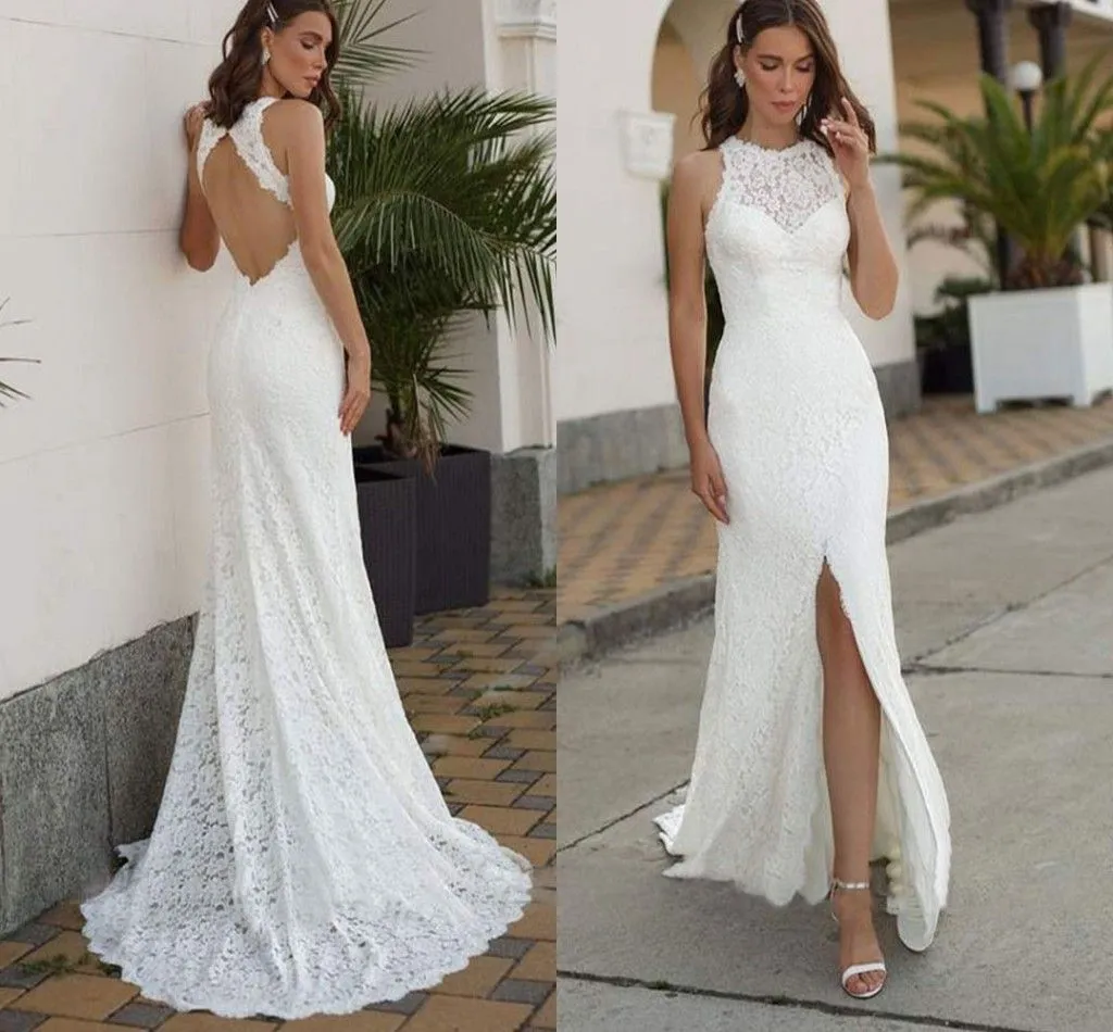Custom Made 2023 Lace Halter Mermaid Wedding Dress With Backless Design