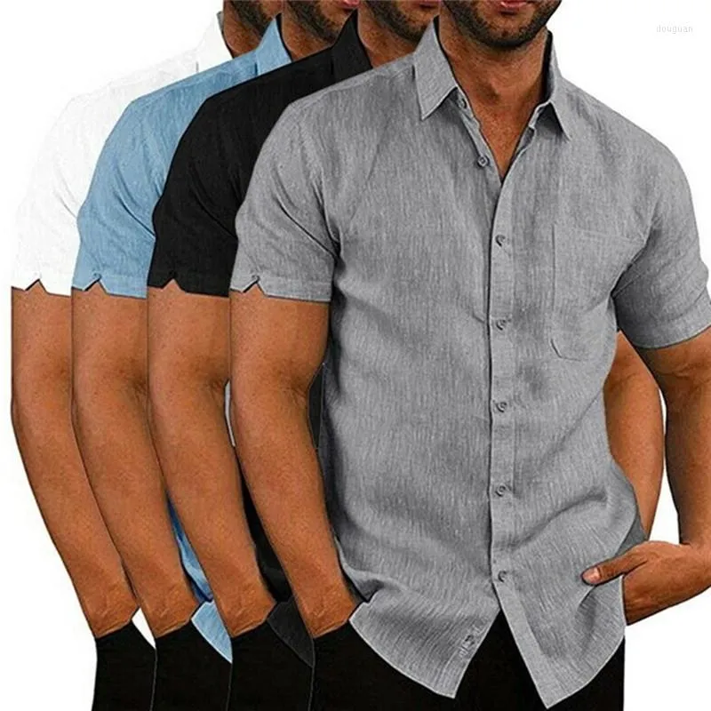 Camisas casuales para hombres Blusa de lino para hombre Manga corta Botones holgados Verano Sólido Cómodo Puro y suelto Tee Tops