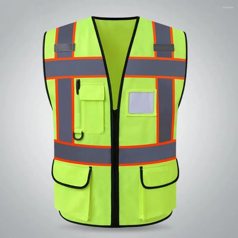 Motorcycle Apparel Fluorescent Yellow Safety Vest Reflective Strips 3 Pockets For Construction