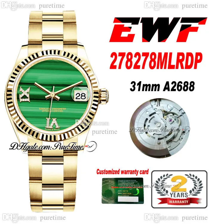 EWF 31MM 278278MLRDP ETA A2688 자동 여성 시계 말라카이트 다이아몬드 다이얼 옐로우 골드 오이스스터 스틸 브레이슬릿 슈퍼 에디션 여성 동일한 시리즈 카드 퓨레 타임 A1