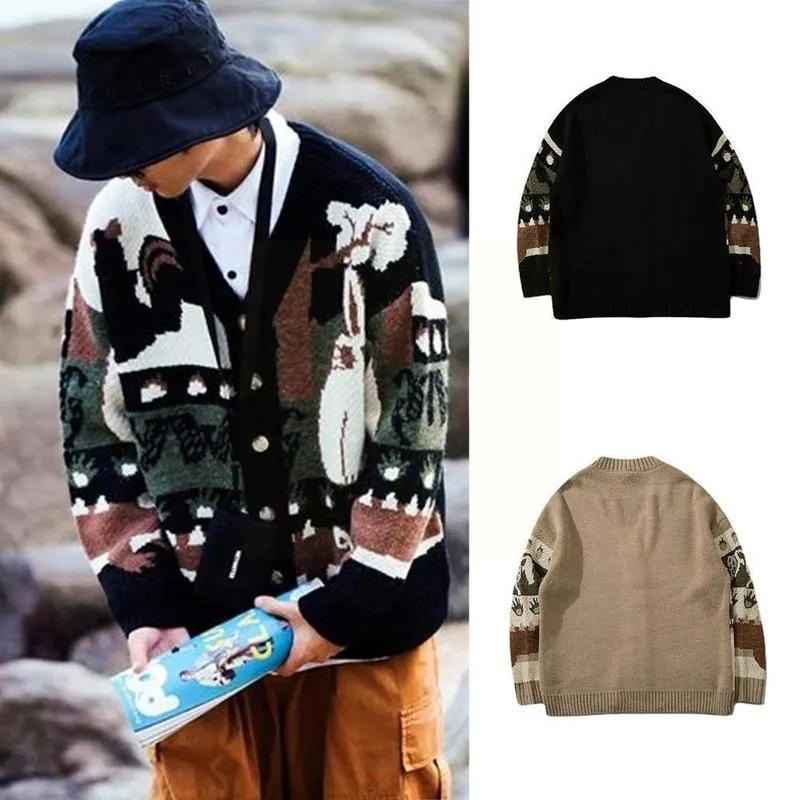 Men s Sweaters Vintage Cardigan Cartoon Pattern Knitted S 2XL Loose Pullover Couple Tops Hop Streetwear Knitwear Costume 220912