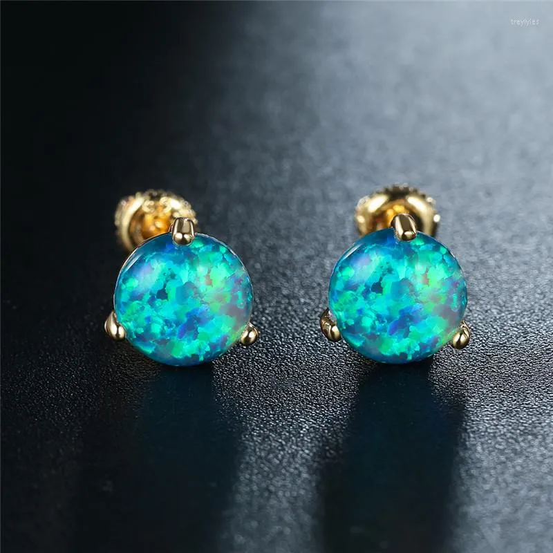 Stud Earrings Vintage Gold Color Small 6/7/8mm Round Stone Blue Fire Opal Screw Back For Women Wedding Jewelry