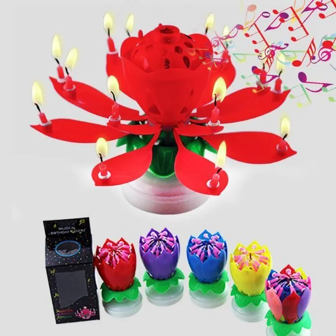 Party Decoration Musical Birthday Candle Magic Lotus Flower Candles Blossom Rotating Spin Party Candle 14 Small Candles 2layers Cake Topper 912