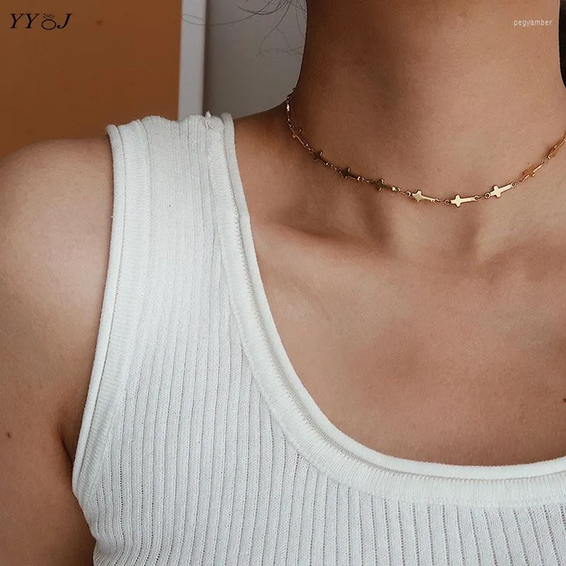 Choker Sideways Cross Necklace For Women Gold Stainless Steel Collar Clavicle Dainty Elegant Minimalist Fashion