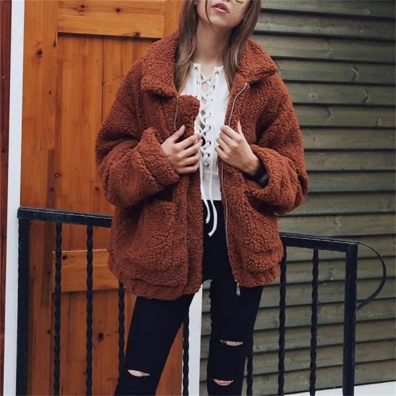 Pelliccia da donna finta elegante orso orsacchiotto cappotto donna autunno inverno spesso caldo morbido pile giacca tasca femminile con cerniera veste femme 220912