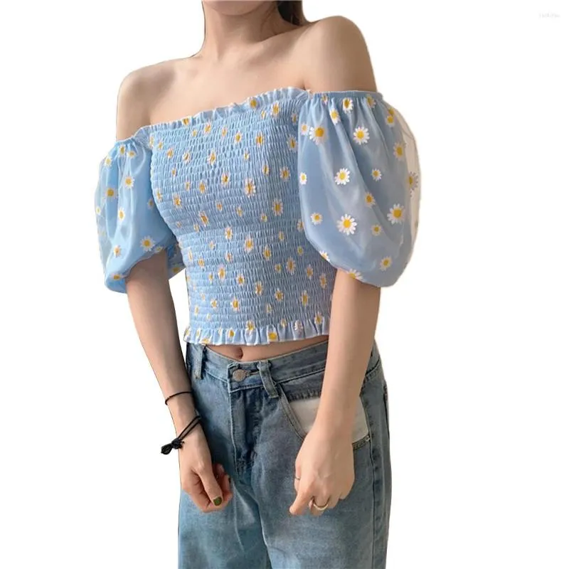 Women's Blouses Women Daisy Embroidery Blouse Mesh Puff Sleeve Off-the-shoulder Crop Top Elegant Clothes