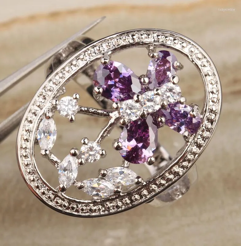 Wedding Rings Resplendent Butterlry Purple Zircon Gems Silver Plated Argent Solitaire Jewelry Ring US# Size 6 / 7 8 9 S0986