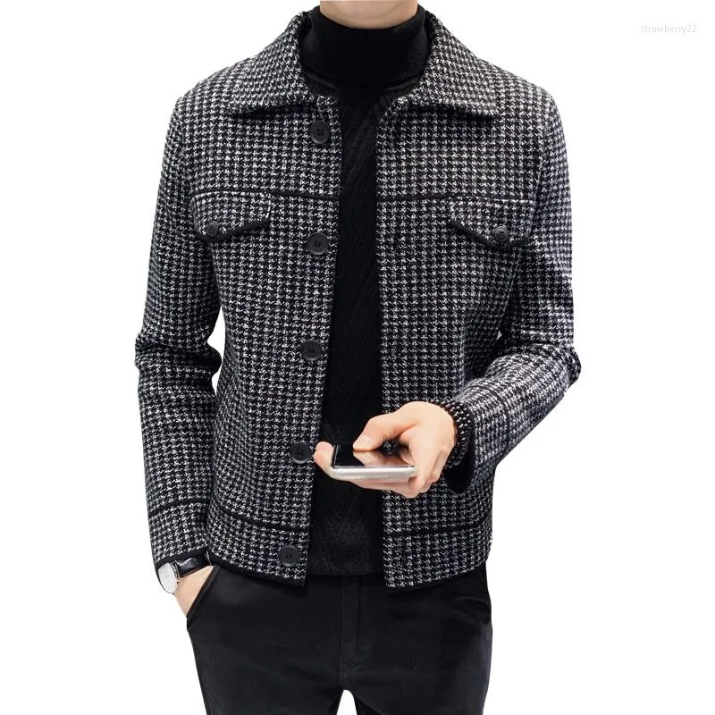 Jaquetas de jaquetas masculinas outono masculino e tendência de inverno coreano Houndstooth Slim Handsome Wool espessou o casaco de malha de lã curta