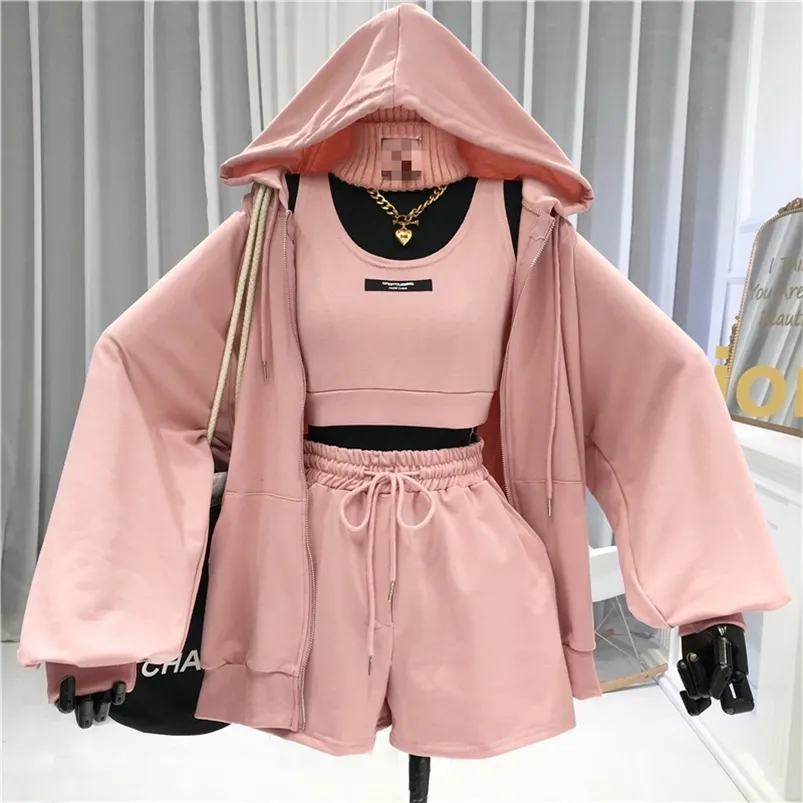 Women's Two Piece Pants Nowsaa Sexy Letter Vest Drawstring Shorts Hooded Zipper Jacket Tracksuit Three-piece Set Casual All-match Suit Women 220912