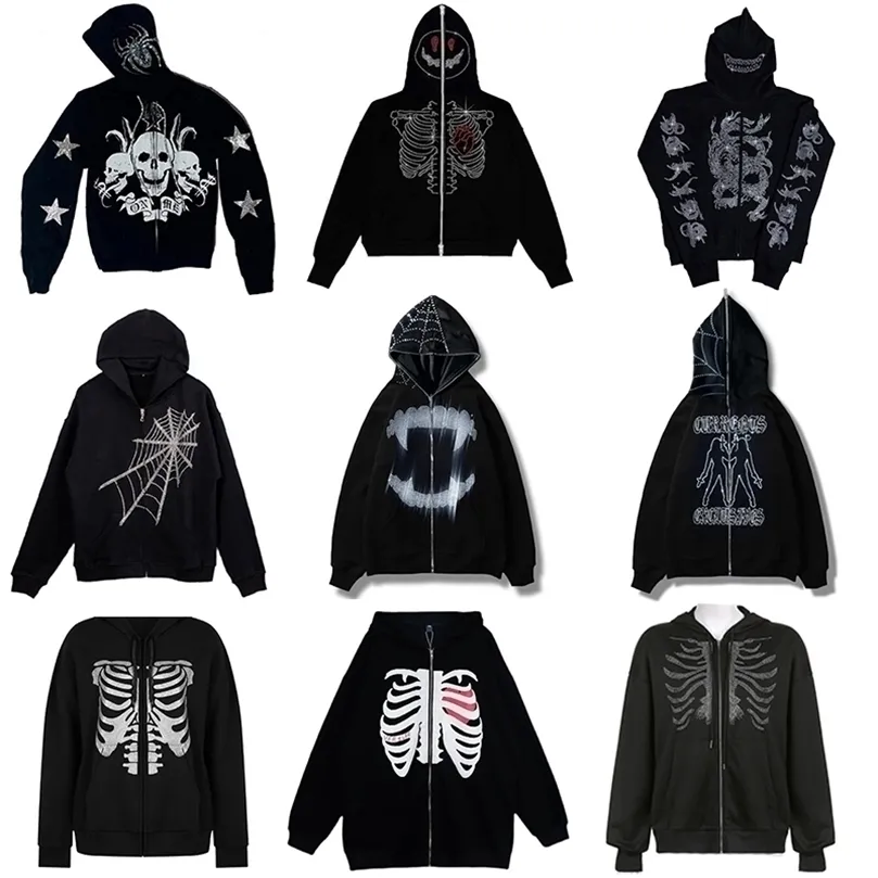 Mens Hoodies Sweatshirts Rhinestones Spider Web Skeleton Print Black Y2k Goth Longsleeve Full Zip Hoodies Oversized Jacket American Fashion selling 220912