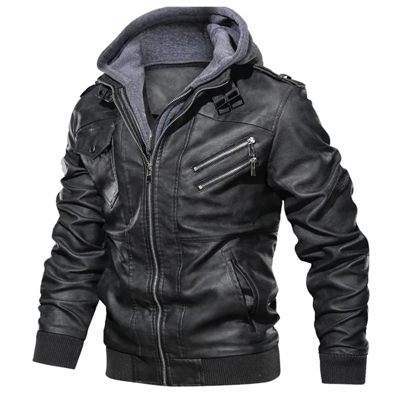 Leer lederen faux motor lederen jas Warm Hooded PU -jas voor herfst en winter 220912