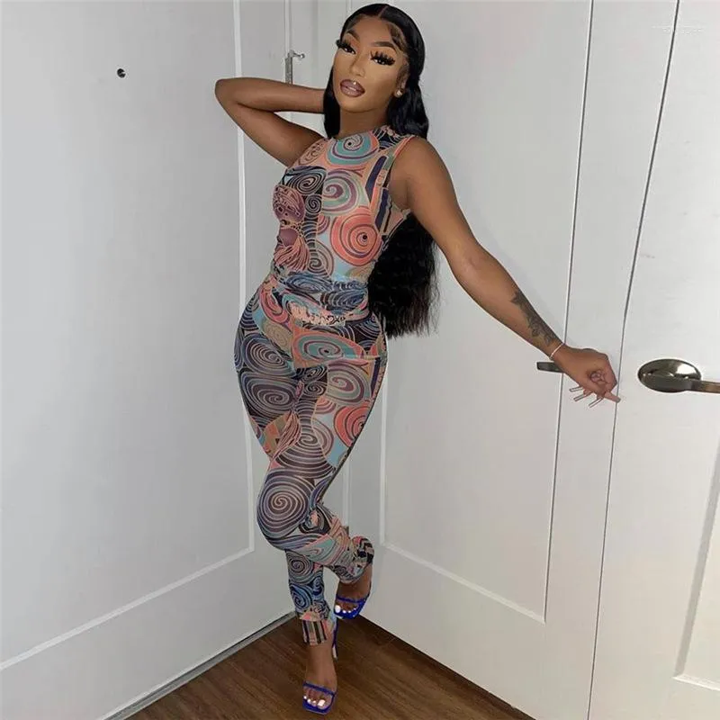 Women's Two Piece Pants Wishyear 2022 Fashion Printed Mesh Sheer 2 Sets Womens Outfits Dressed Sexy Top And Leggings Matching