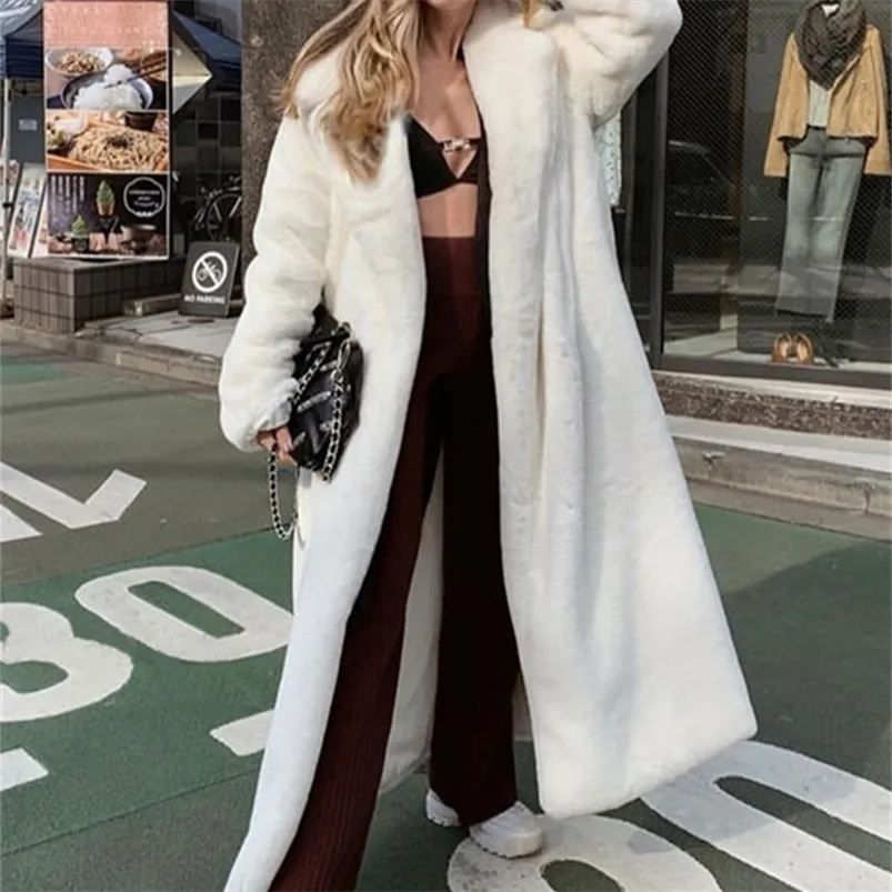 Pele feminina faux lautaro inverno longo branco fofo quente oversized casaco mulheres com capuz lapela faixas soltas moda coreana outerwear 220912