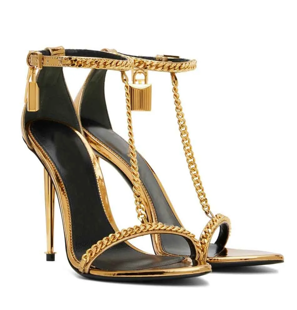 Luxury Padlock Pointy Naked Sandals Shoes Women Lock & Key Metal Stiletto Heels Gold Chain Link Sexy Lady Party Wedding Dress EU35-43 Original Box