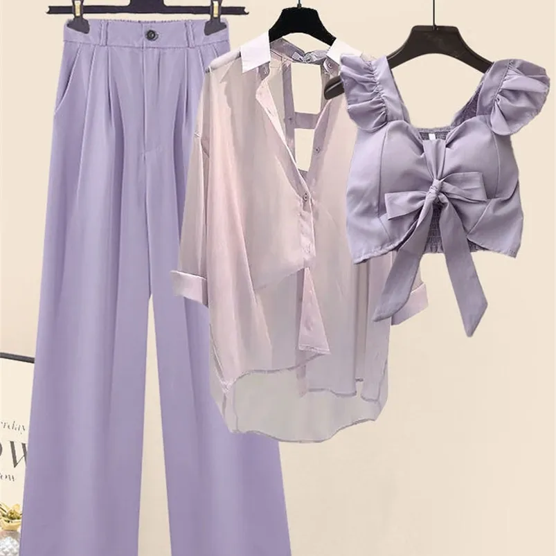 Women's Two Piece Pants Women Summer Purple 3 Pieces Set Fashion Short Vestlong Sleeve Backless Chiffon Sunscreen Blousewide Leg Long Pants Sets 220912