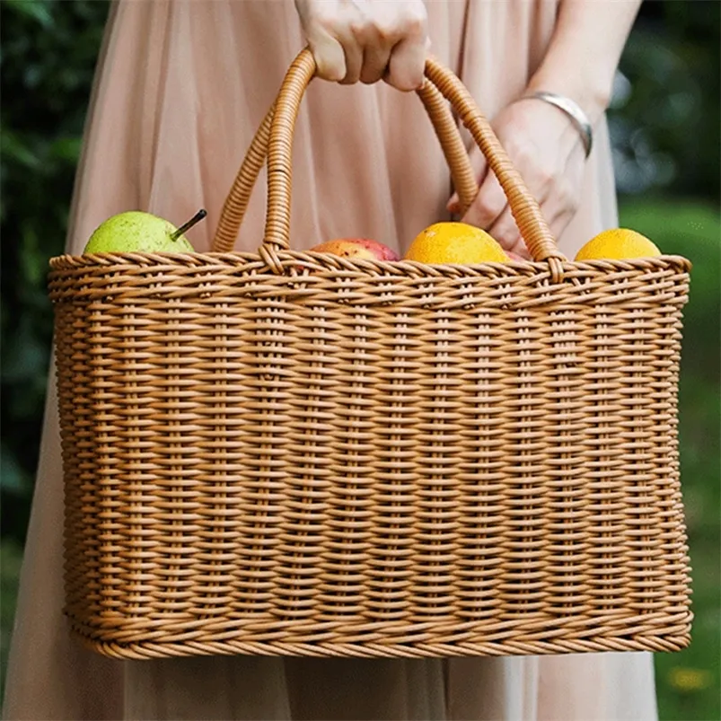 Förvaringskorgar hem shopping hand grönsak dekorativt vävt blommor arrangemang imiterande rotting picknickväska 220912