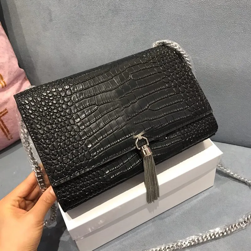 woc fringed chain bag classic crocodile-print leather clutch flap envelope messenger bag women`s brand luxury designer handbag