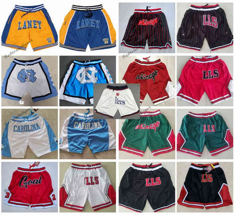 Vintage Just Don Basketball Shorts Michael 23 Goat Ney High School Carolina do Norte Tar Heels College Cal￧a bolso de bolso vermelho BCK branca com z￭per S-xxl