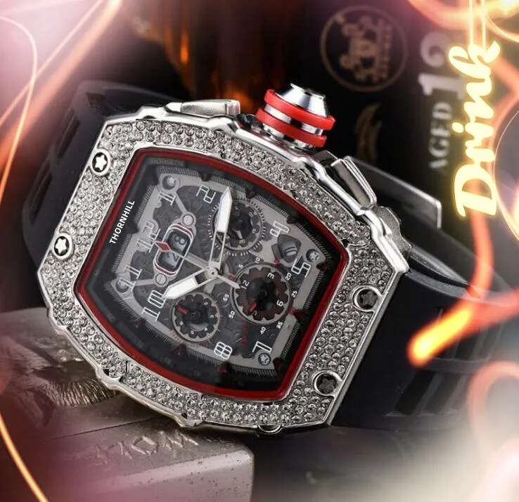 Popular masculino diamante completo Ring Ring Stopwatch Stopwatch 43mm Flull Flowers Skleleton Borracha Trend￪ncia ao ar livre