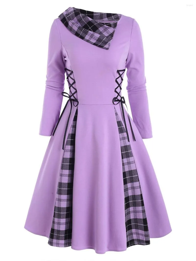 Casual Dresses Women's Lace Up Plaid Turn Down Collar Vintage Gothic Long Sleeves Fashion Knee-Length Party Dress