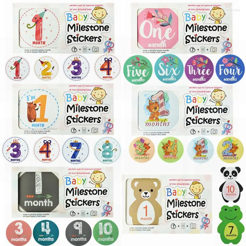 Confezione regalo 12 pezzi Mese adesivo Baby Pography Memorial Mensile nato Bambini Numero di carta commemorativa Modello di cartone animato Carte Decor