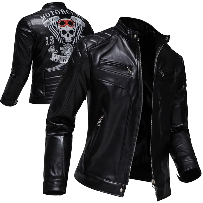 Men's Leather Faux Trend Skull Print Coats Casual Motorcycle Punk Style Jacket EU Size S-2XL 220912