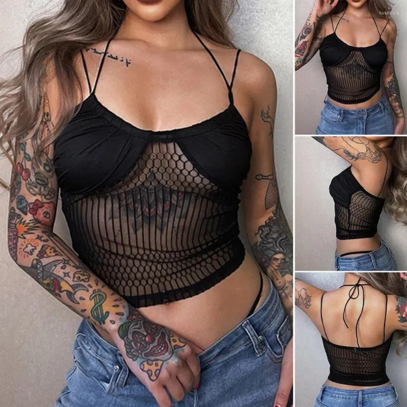 Blouses pour femmes col en U devant plissé dos nu bandage réglable soutien-gorge haut transparent dentelle licou fronde Club gilet femme vêtements