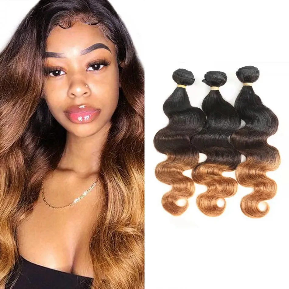 1B/4/30 Bundles de tissage de cheveux humains de vague de corps 7A Blonde Ombre 3/4 PCS Extensions de cheveux indiens