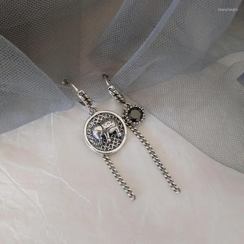 Orecchini a cerchio moda vintage elefante asimmetrico disco tondo colore argento tailandese per le donne gioielli con orecchio catena nappa SAE487