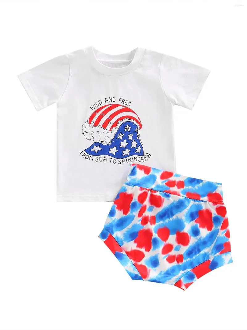 Set di abbigliamento nacque naci 4 ﾰ di luglio 2pcs outfit USA bandiera americana a maniche corte t-shirt cravatta tintura pantaloncini estate