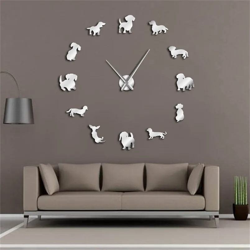 Horloges murales bricolage teckel Art Wiener-chien chiot animal de compagnie sans cadre géant avec effet miroir saucisse grande montre 220909