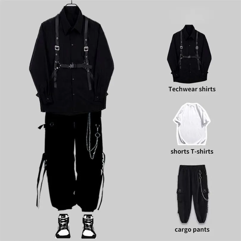 Chándales para hombre HOUZHOU Techwear Conjuntos para hombre Punk Pantalones cargo negros Camisa para hombre Camisas de manga larga Ropa de calle coreana Hip Hop Harajuku Primavera 220909