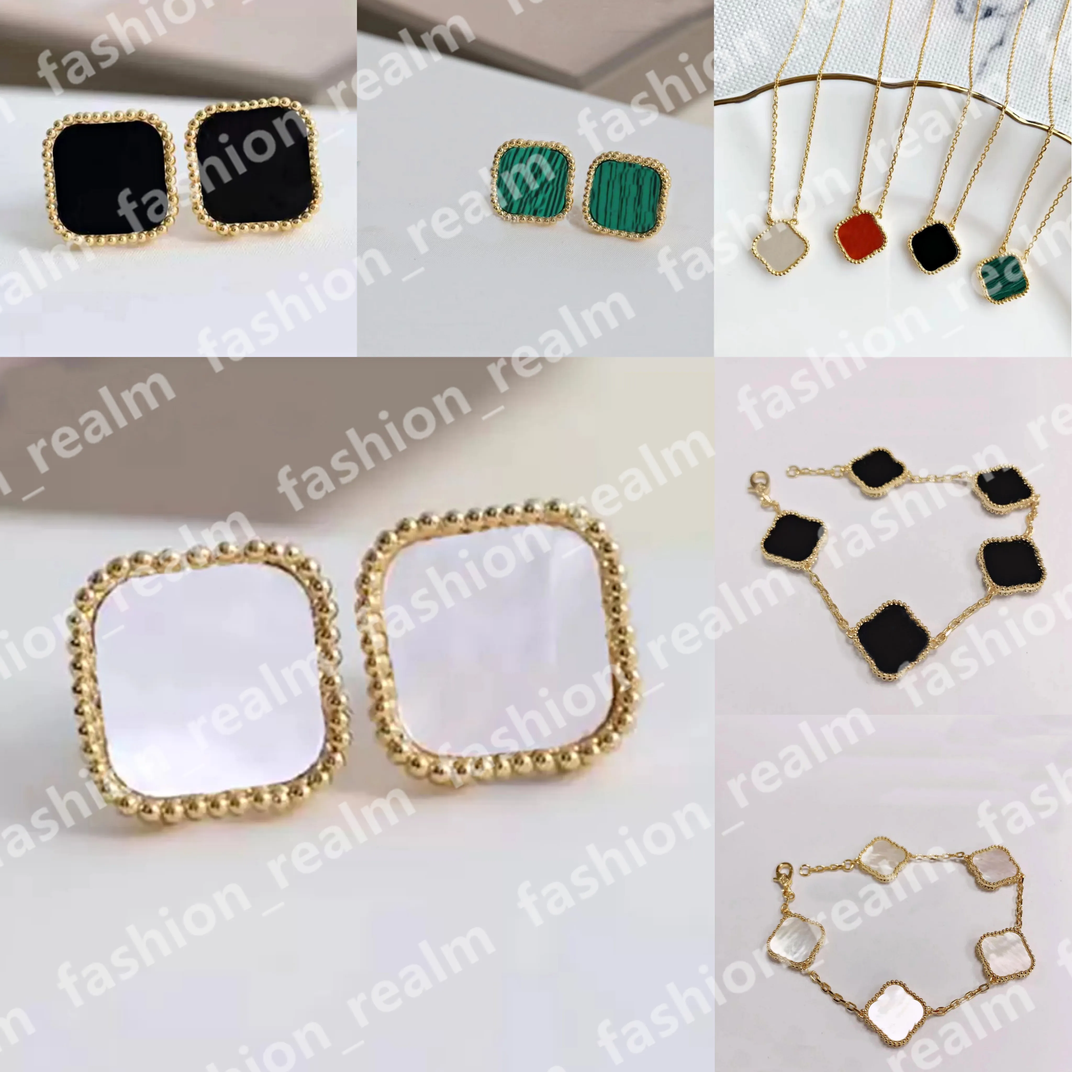 Vier Blattklee Ohrringe Bolde Designer Schmuck Set Luxus Anh￤nger Halsketten Linkkette Armb￤nder Gold Silber Mutter von Perlengr￼nen Blumenohren f￼r Frauen Frauen