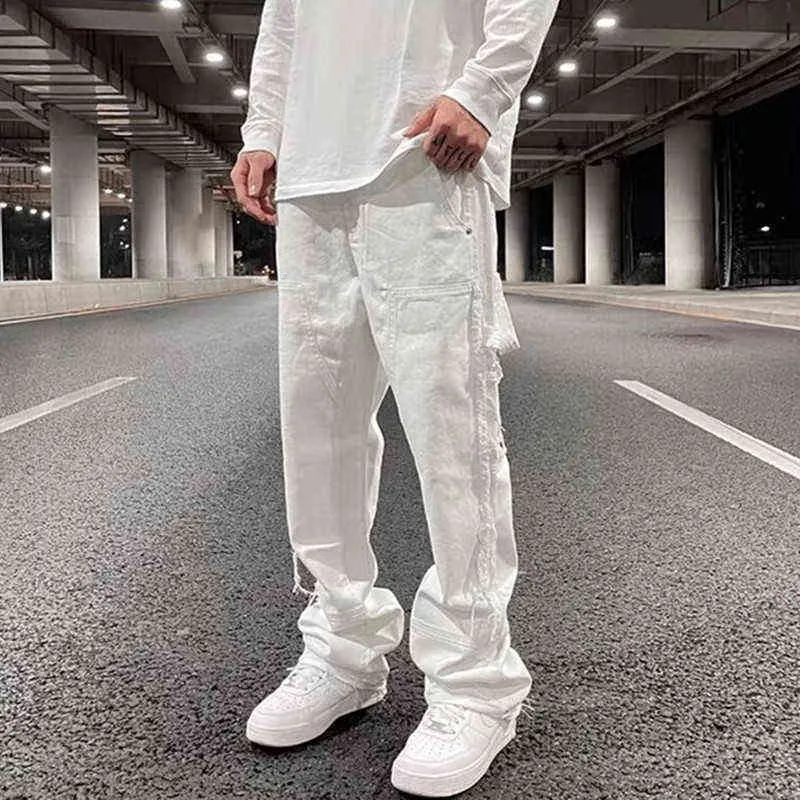 Men's Pants New Fashion Ripped White Baggy Men Hip Hop Jeans Pants Side Tassel Straight Loose Y2K Women Casual Denim Trousers Ropa Hombre T220909