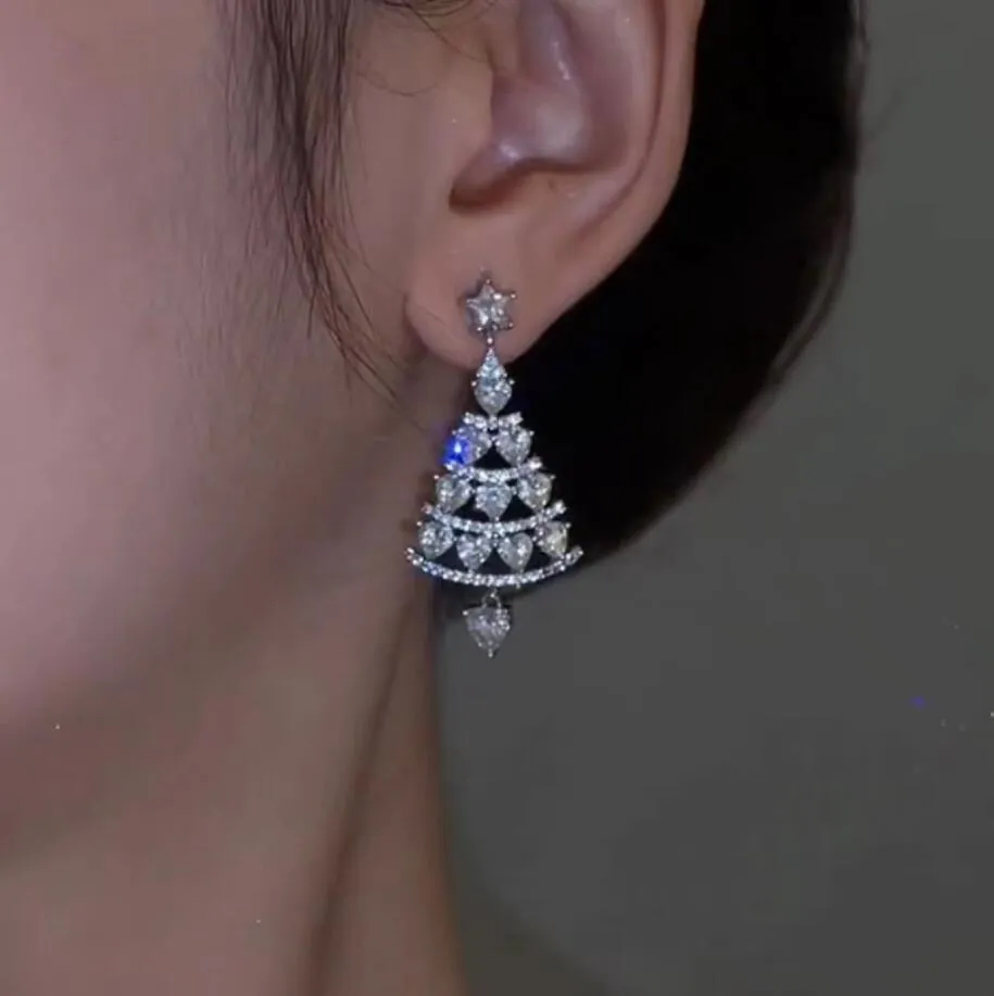 Rhinestone Crystal Christmas Tree Earrings Charm for Women Bridal 925 Silver Drop Dangling Earrings Party Wedding Jewelry Gifts