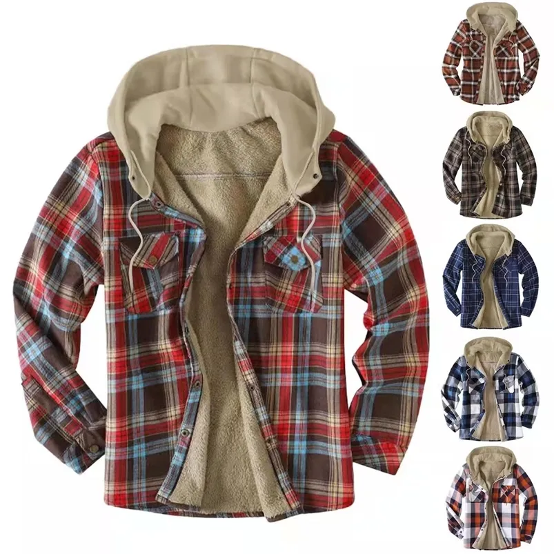 Chaquetas de hombre camisa estilo europeo y americano otoño e invierno grueso algodón a cuadros de manga larga chaqueta suelta con capucha 220912