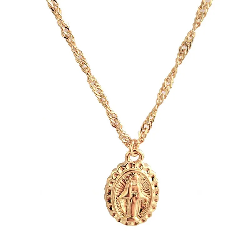 Religious Vintage Virgin Mary Pendant Necklace Alloy Round Catholic Medallion Prayer Jewelry Gift For Men Woman