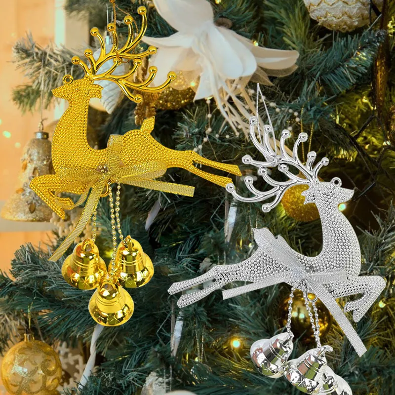 Christmas Decorations 1Pcs Gold Silver Reindeer PVC Elk Tree Pendant Ornament Cute Deer with Bell DIY Decor Kids Gift Navidad Noel L220912