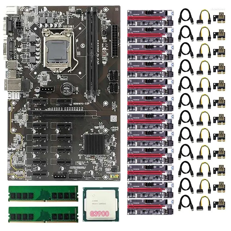 Motherboards B250 BTC Mining Motherboard Set With 12X009S PCIE 1X To 16X Riser Card 1XG3900 CPU 2X DDR4 RAM 12 GPU LGA1151 SATA3.0
