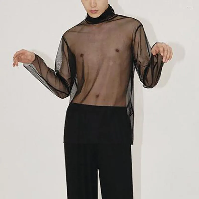 Camisetas masculinas Turtleneck preto sexy Veja através do fot mash malha de malha esticada roupas transparentes de moda coreana de pescoço alto top