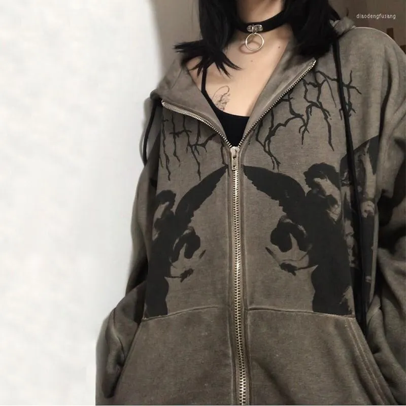 Women's Hoodies Jackets Autumn 2022 Women Y2K Gothic Zip-up Hoodie Angel Print 90s Vintage Loose Long Sleeve Trend Hip Hop Men Grunge Style