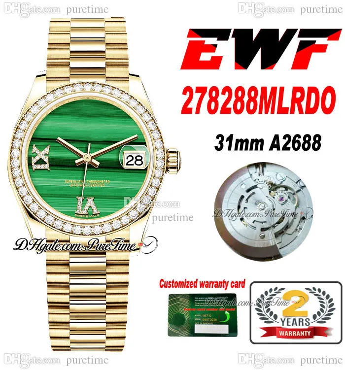 EWF 31mm 278288 ETA A2688 Automatyczna Women Watch Malachite Diamond Dial Gold Diamond Bezel Ostersteel Bransoletka Super Edition Ladies Ta sama karta seria