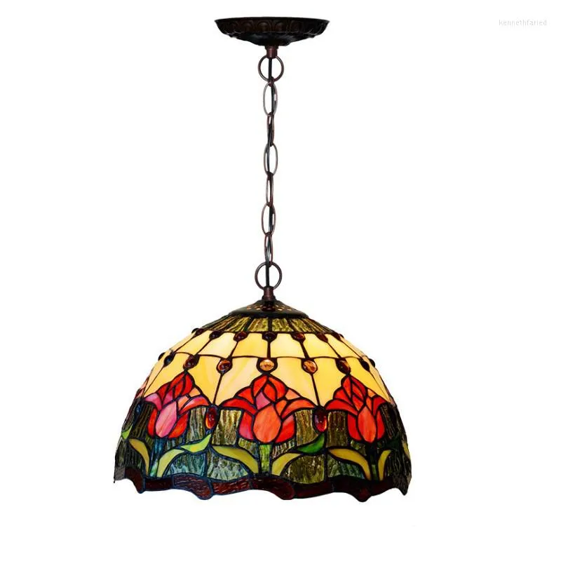 Pendant Lamps Japanese Style Stained Glass Rattan Red Flower LED Hang Lamp Light Shade With Chain Stair Table Balcony Kitchen Lighting