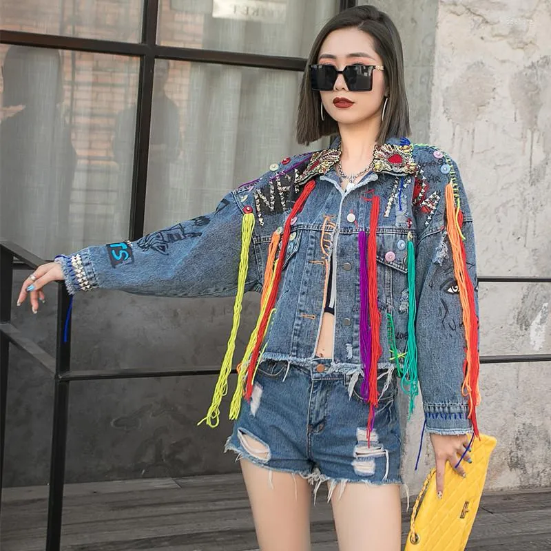 Women's Jackets 2022 Spring Jean Jacket Printing Dyeing Flower Tassel Embroidered High Waist Denim Short Coat For Women