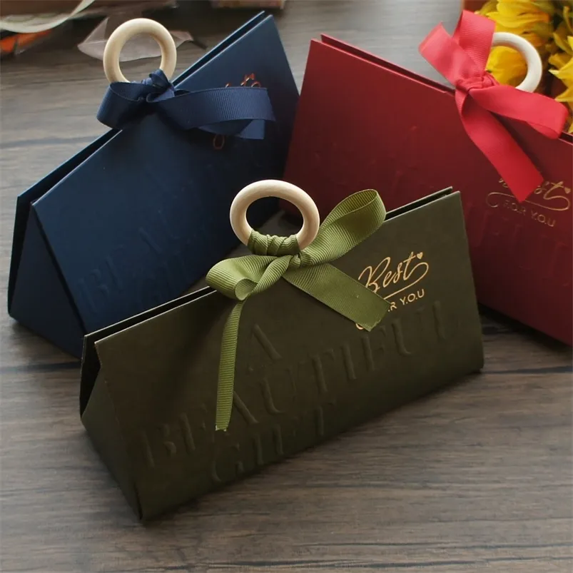 Gift Wrap 10pcs Blackish Green Blue Red Paper Box with Handle Candy Cookie Chocolate Macaroon Wedding Gift Packaging 220913